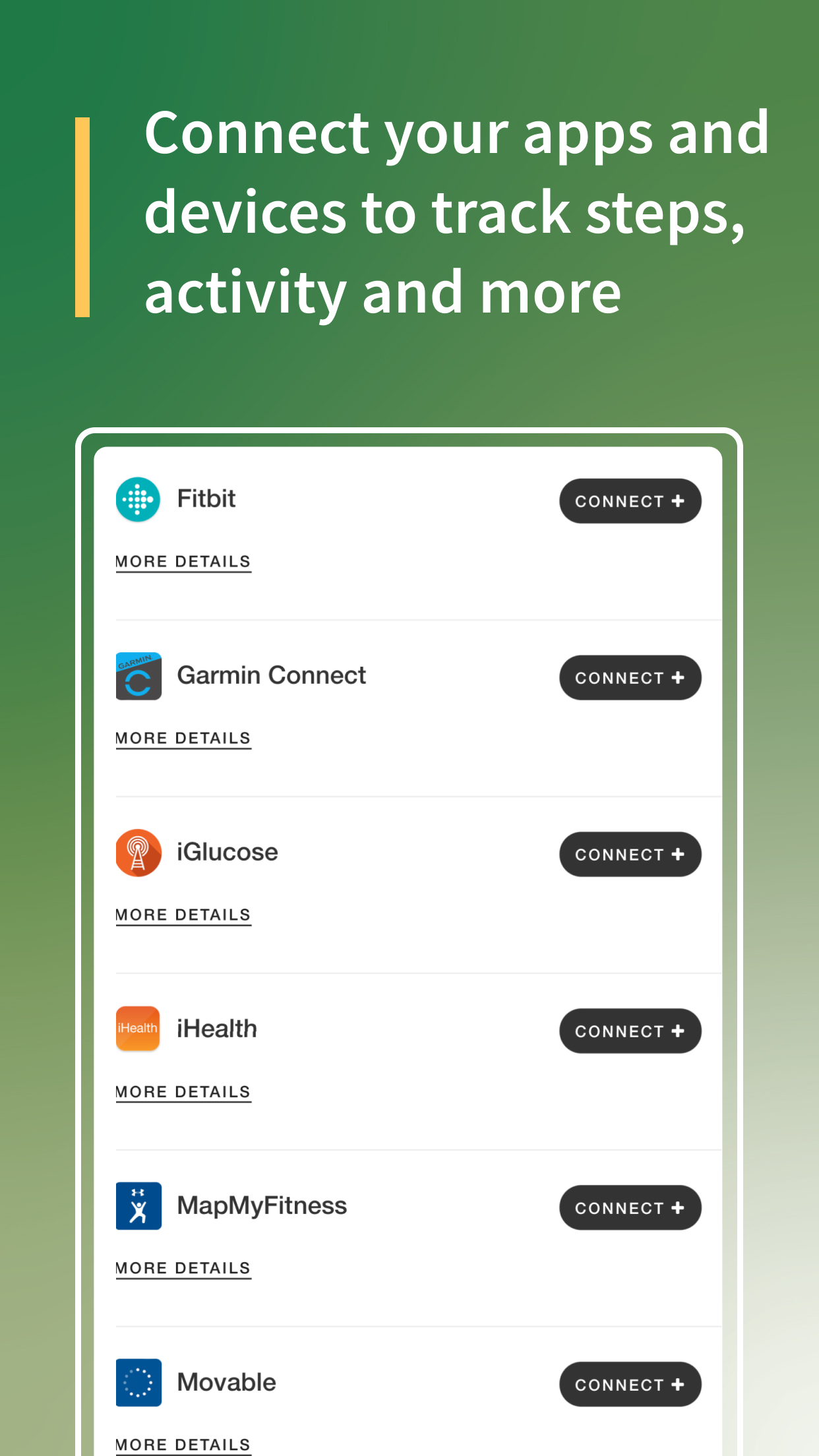 Conecte sus aplicaciones y dispositivos para hacer un seguimiento de los pasos, la actividad y más