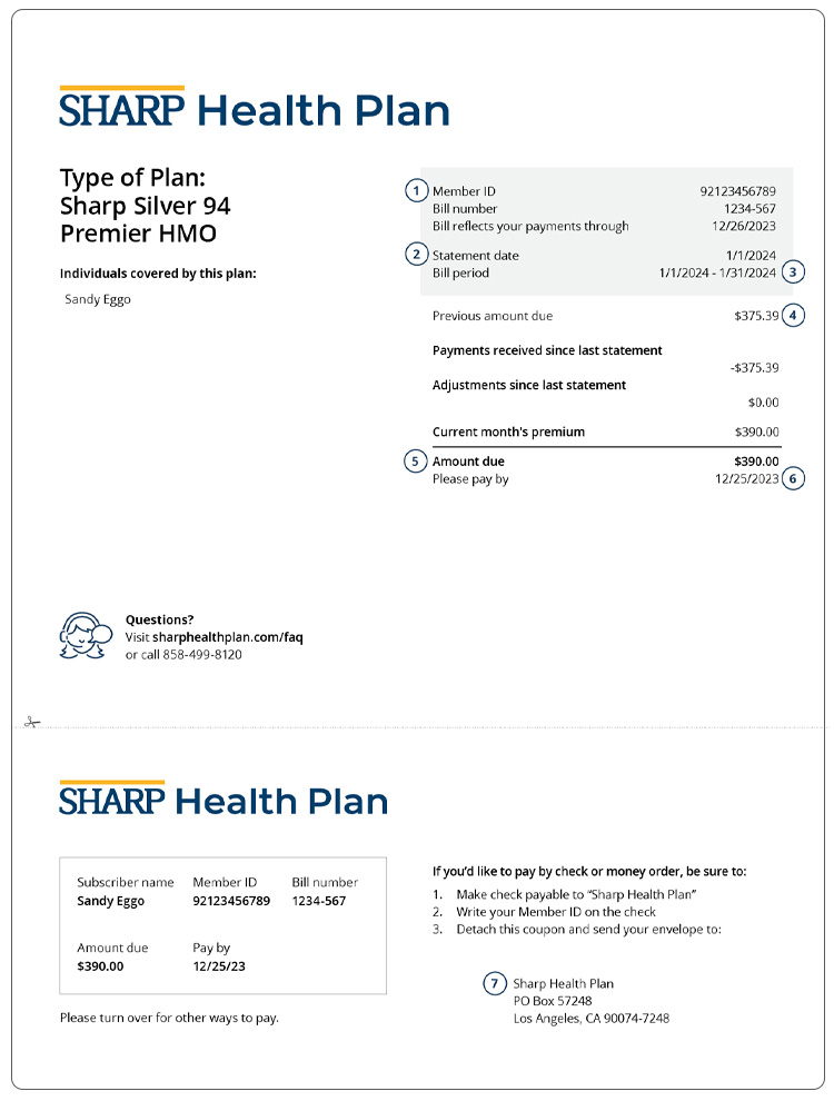 Estado de cuenta de la factura del plan de salud comprado directamente a Sharp Health Plan