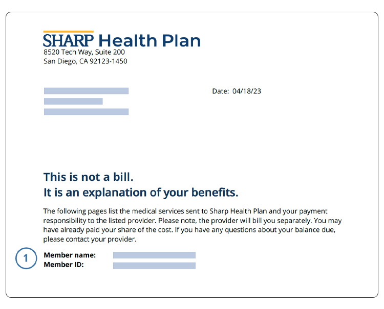 Página 1 de la muestra de una EOB individual de Sharp Health Plan