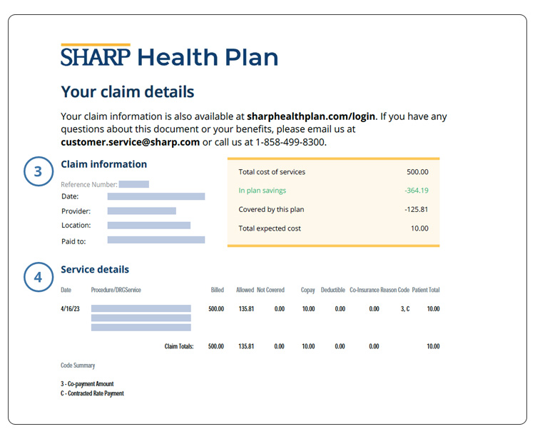 Página 3 de la muestra de una EOB individual de Sharp Health Plan