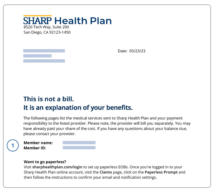 Página 1 de la muestra de una EOB de Sharp Health Plan