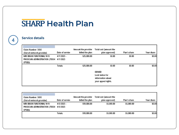 Página 4 de la muestra de una EOB de Sharp Health Plan