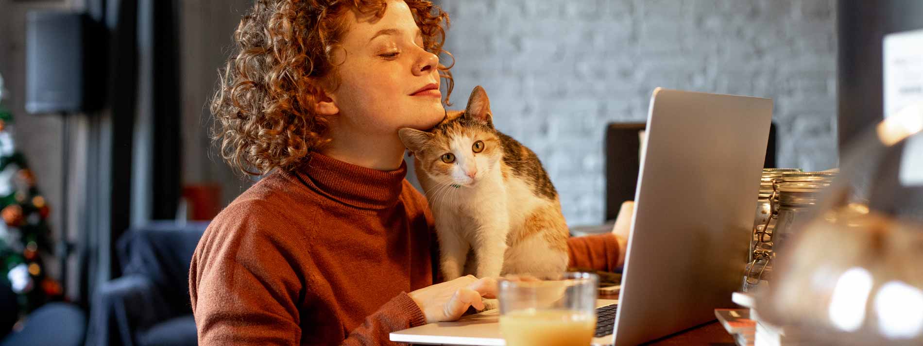 Woman with cat using laptop