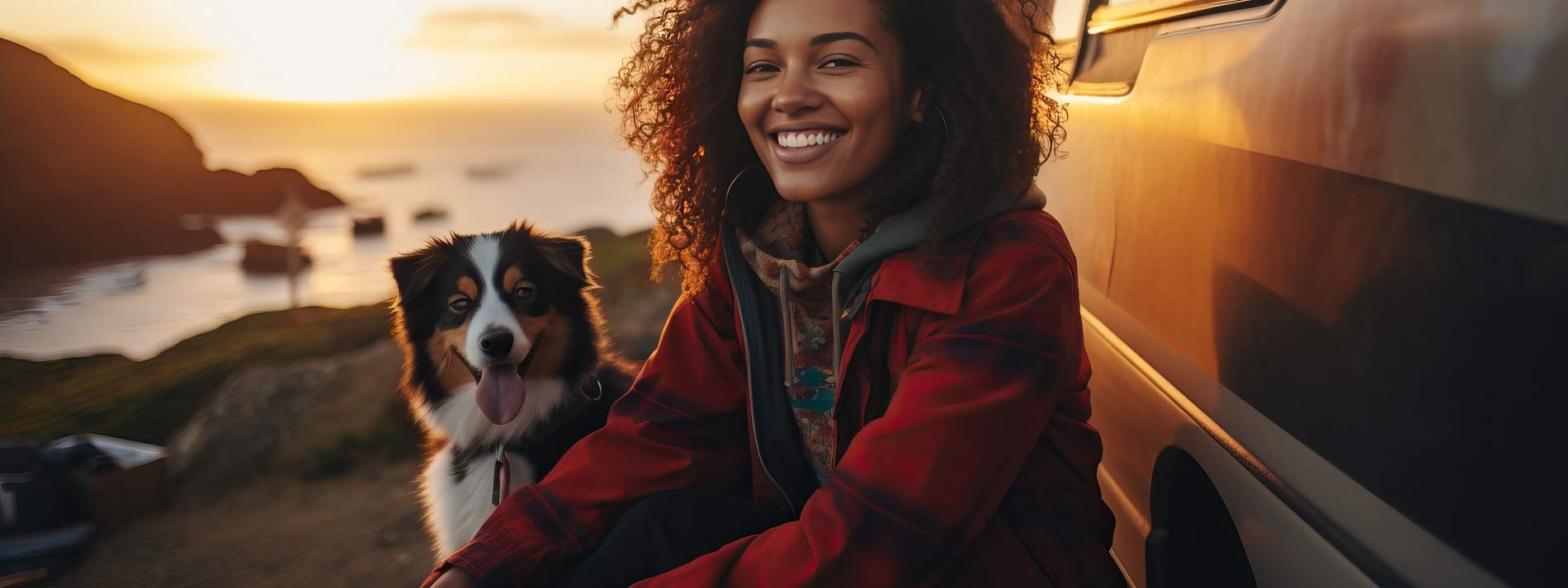 Mujer sentada en la playa con su perro