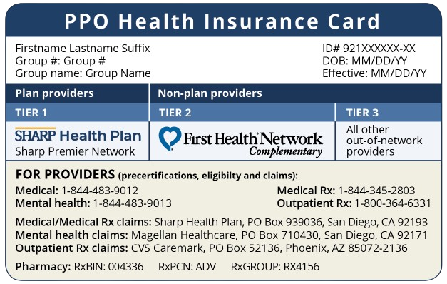 Tarjeta de identificación del afiliado de un plan PPO de Sharp Health Plan