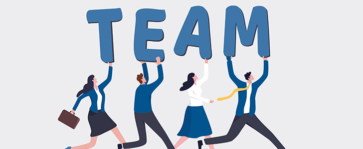 Illustration of people holding letters spelling "TEAM"