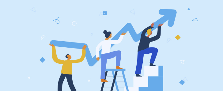 Illustration of three people holding up arrow