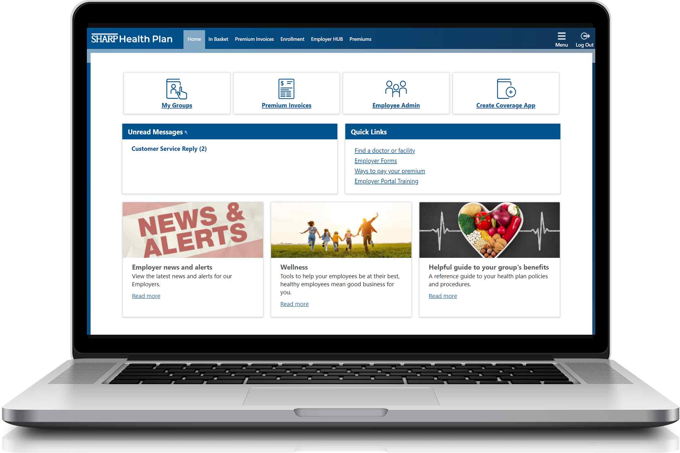 Página de inicio del Portal para empleadores de Sharp Health Plan